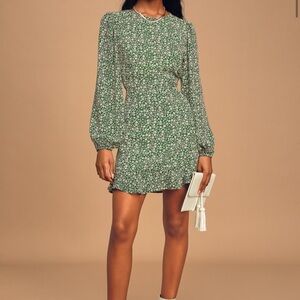Green floral ruffle printed mini dress